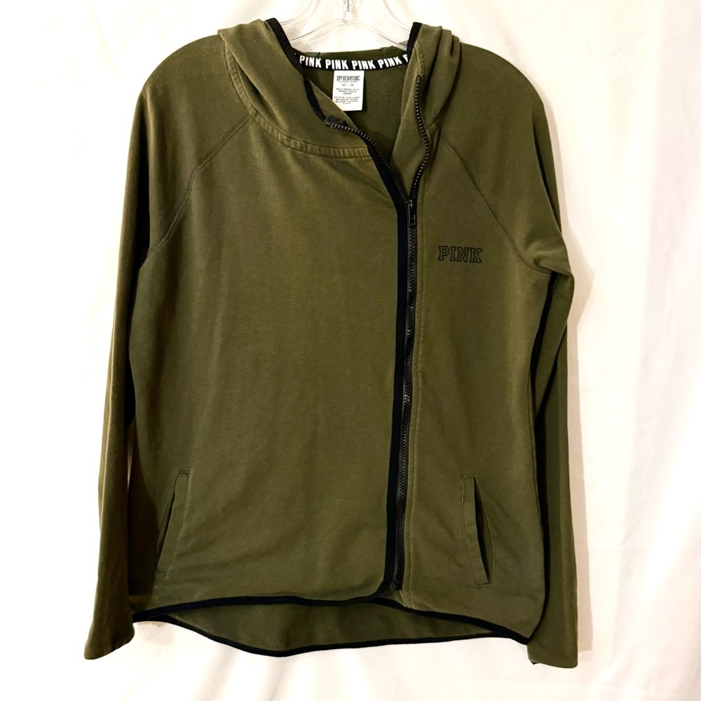 PINK Victoria's Secret Olive Green Full Asymmetrical Zip Fleece Hoodie Size XS